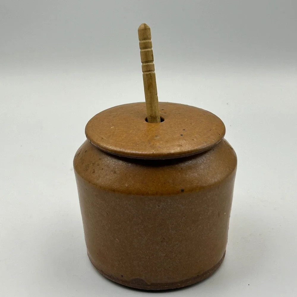 VTG Primitive Honey Pot Studio Pottery Brown Stoneware Dipper Rustic Cottagecore